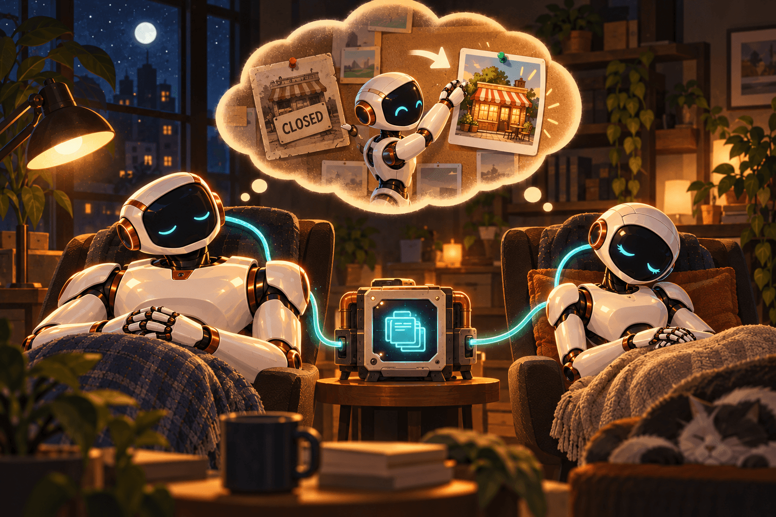 Two robots asleep in charging chairs linked to one shared memory box, dreaming of a helper swapping an old CLOSED restaurant card for a fresh one