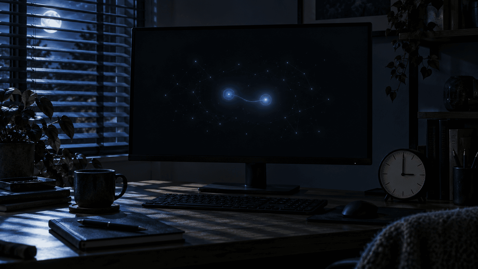 Two soft glowing lights joined by a thin line on a dark monitor in a moonlit room, like two AI agents resting overnight