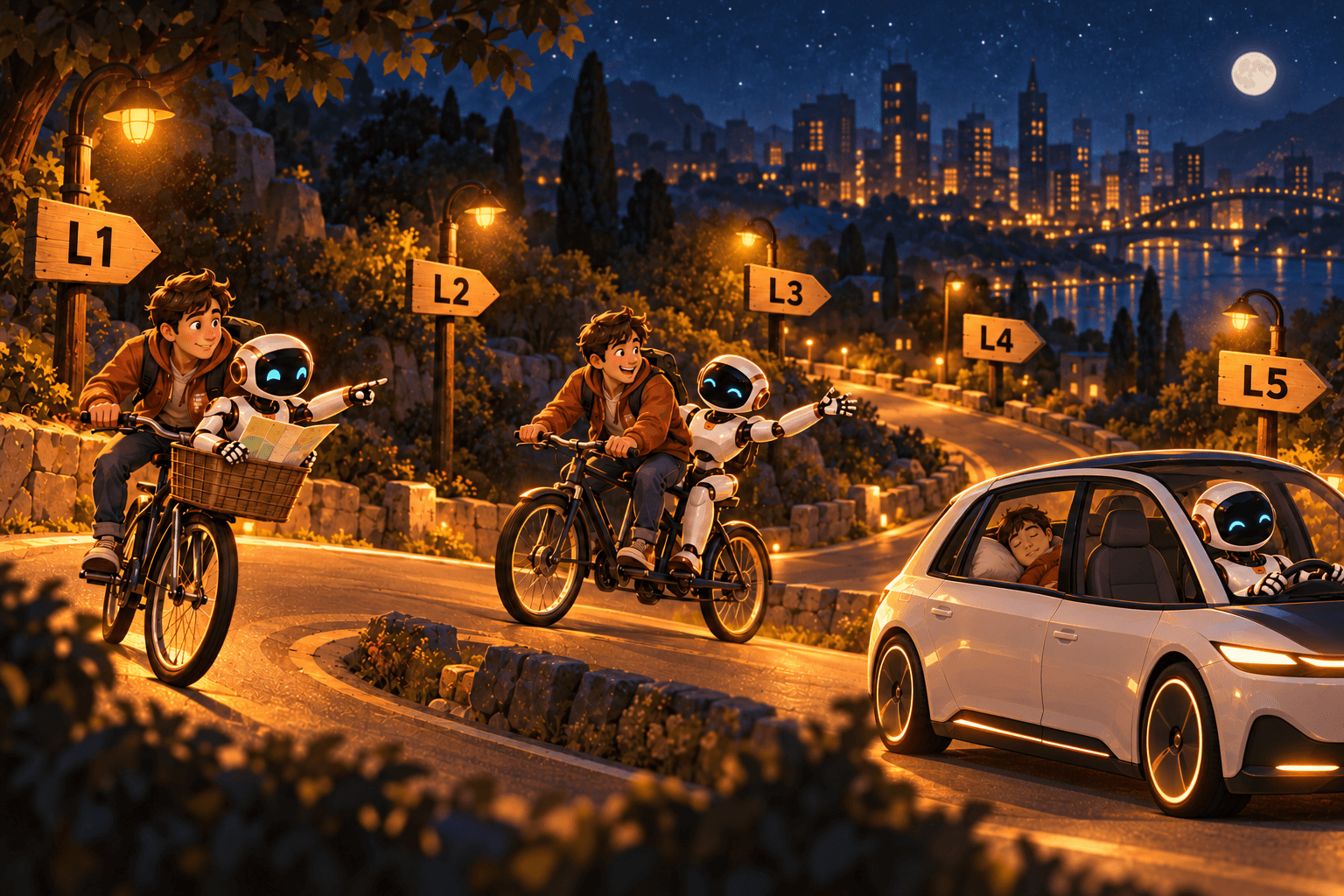 A night road with L1 to L5 signs: a human and a robot go from a bicycle to a self-driving car where the robot drives and the human sleeps in the back