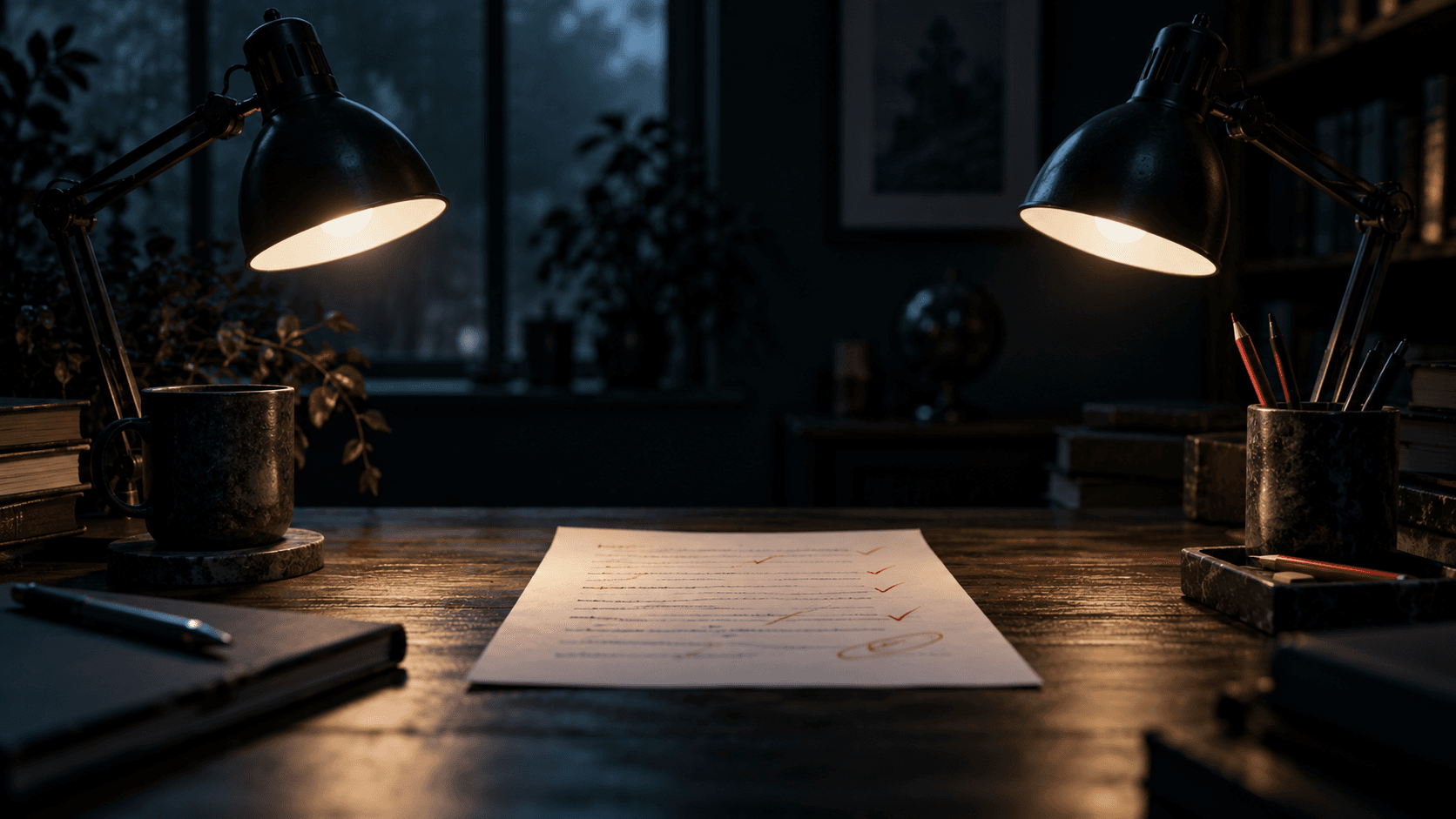 Two desk lamps facing each other over a sheet of paper marked in red pencil