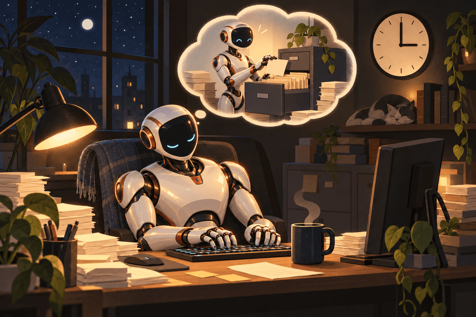 A humanoid robot asleep at its desk, still typing, while its dream tidies a filing cabinet