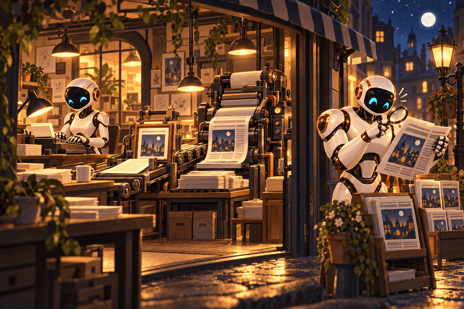 Robots run a night print shop: one writes the post, it is illustrated and printed, and another robot checks the paper at the newsstand with a magnifier