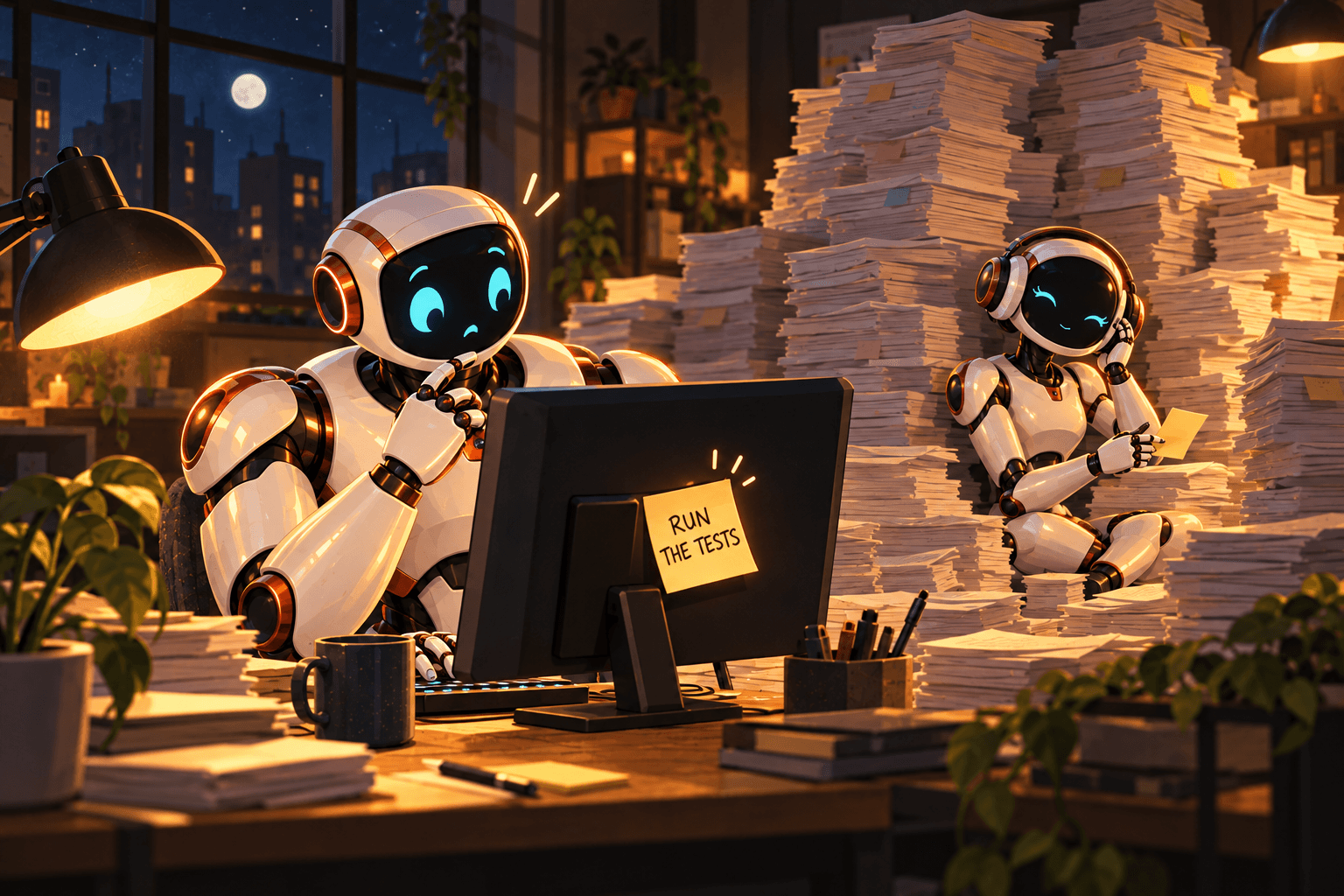 A robot in headphones beside towering stacks of session logs, and a second robot finding a single RUN THE TESTS sticky note on his monitor