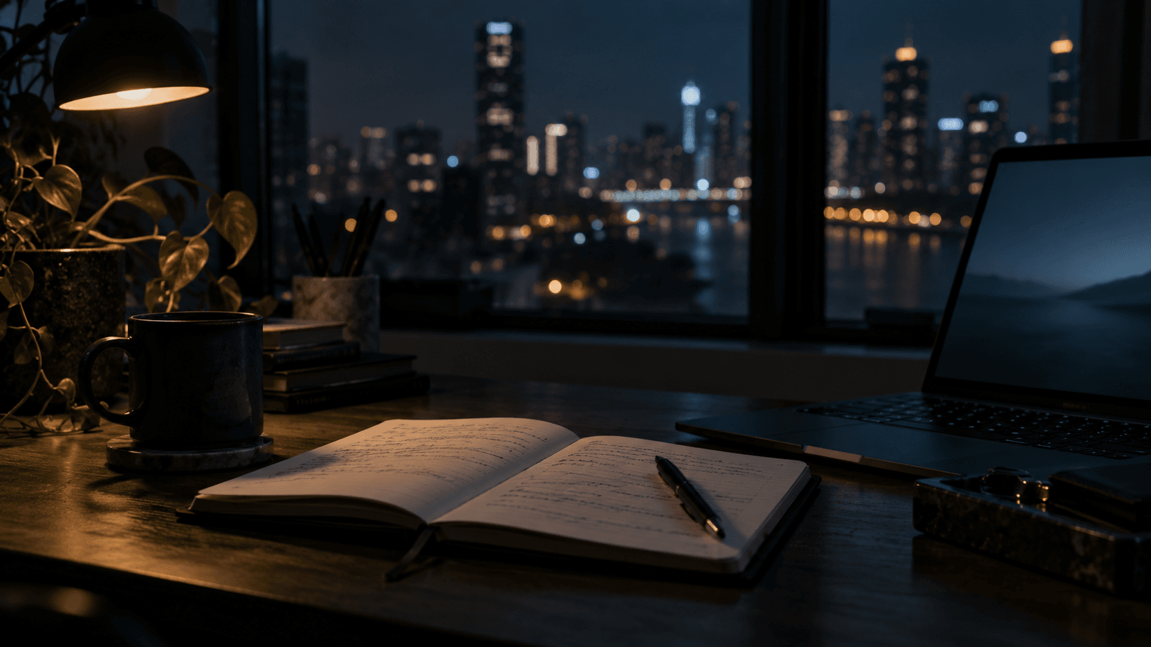 An open notebook with handwritten notes beside a dim laptop at night