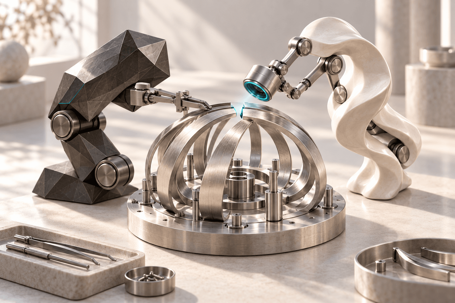 Concept illustration: a graphite agent braces a curved metal assembly while an ivory agent inspects its open seam from another angle.