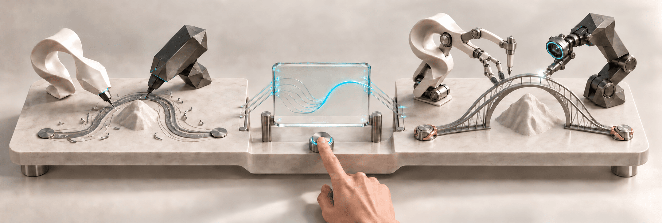 Conceptual illustration: two contrasting agents work on a winding route; a human presses a cyan approval control, and the agents then build and inspect a bridge over the obstacle.